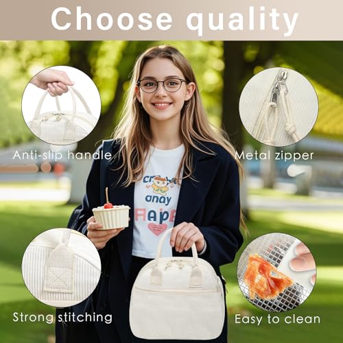 Carry bloom Lunch Box for Women, Insulated Lunch Bag Cute Corduroy Lunchbox Reusable Tote Bags for Work (beige corduroy) - Image 3