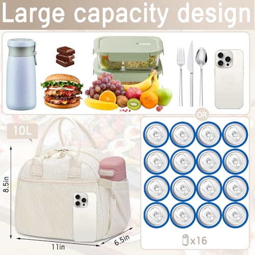 Carry bloom Lunch Box for Women, Insulated Lunch Bag Cute Corduroy Lunchbox Reusable Tote Bags for Work (beige corduroy) - Image 2