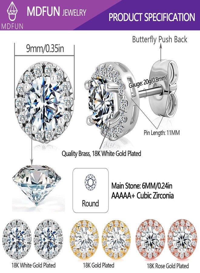 MDFUN 3 Pairs Halo Earrings 18K White Gold/Gold/Rose Gold Plated Round 6.0mm Cubic Zirconia Hypoallergenic Halo Stud Earrings Set for Women Men - 3 Tone Colors - Image 4