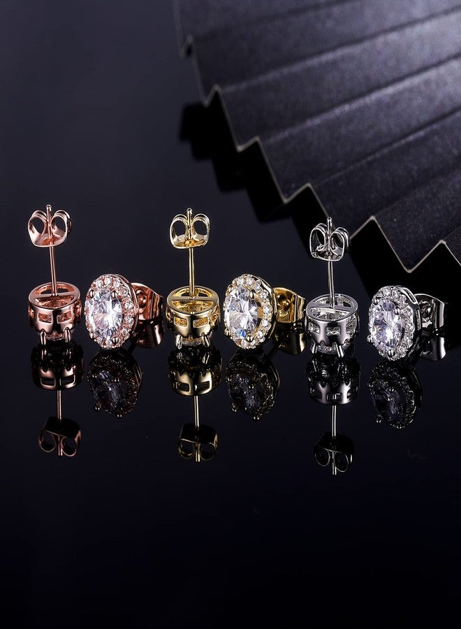 MDFUN 3 Pairs Halo Earrings 18K White Gold/Gold/Rose Gold Plated Round 6.0mm Cubic Zirconia Hypoallergenic Halo Stud Earrings Set for Women Men - 3 Tone Colors - Image 5
