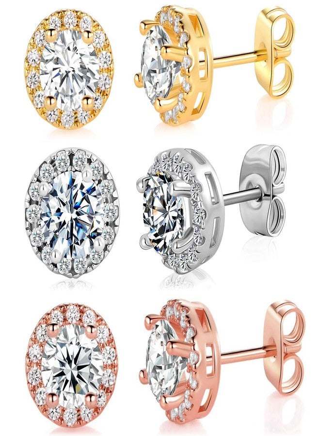MDFUN 3 Pairs Halo Earrings 18K White Gold/Gold/Rose Gold Plated Round 6.0mm Cubic Zirconia Hypoallergenic Halo Stud Earrings Set for Women Men - 3 Tone Colors - Image 1