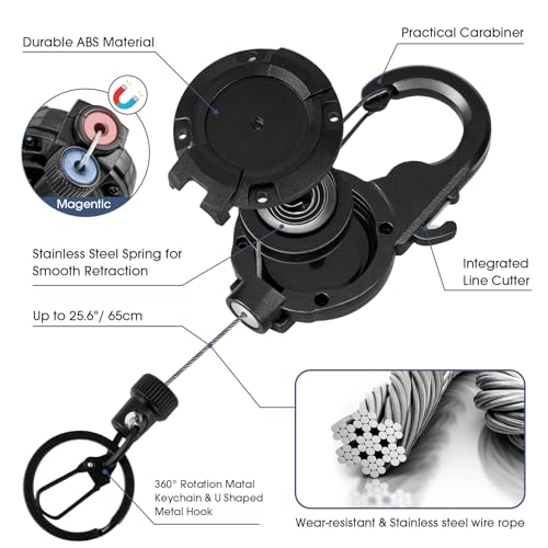 pasezenn Fly Fishing Zinger Retractor,26" Stainless Steel Wire Rope, with Integrated Line Cutter,360° Rotation Keychain & Carabiner Clip for Fly Fishing,Cycling,Hiking (2 PCS) - Image 4