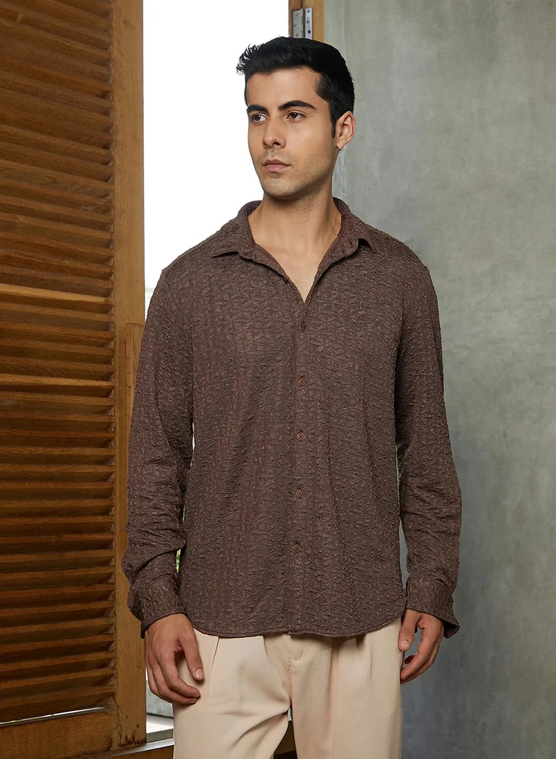 Campus Sutra Campus Sutra Men's Chocolate Brown Bloom-Textured Shirt For Casual Wear | Spread Collar | Long Cuffed Sleeves | Button Closure | Shirt Crafted With Comfort Fit For Everyday Wear
