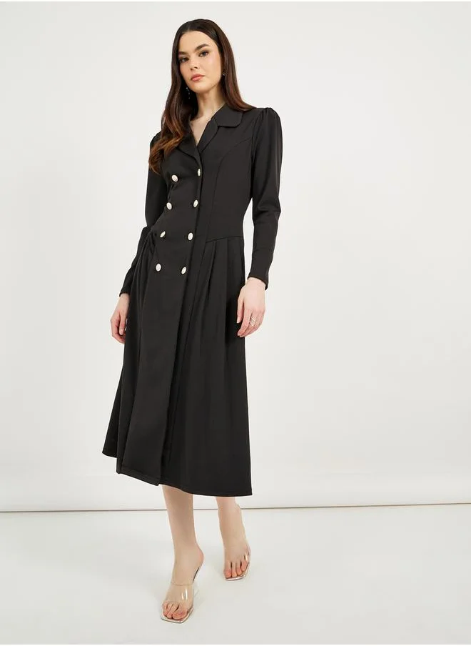 Styli Notch Lapel Collar Double Breasted Blazer Midi Dress