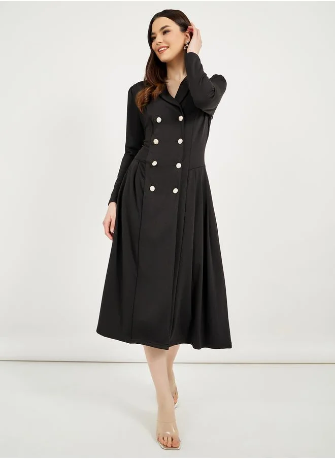 ستايلي Notch Lapel Collar Double Breasted Blazer Midi Dress