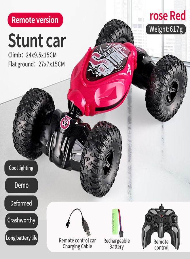 AROAQ Rose Red Remote Control Stunt Car 4WD Stunt Twisting Off Road Deformed Vehicle Cool Light Music Drift Traverse Remote Control Dancing Side Driving Toy  - Image 1