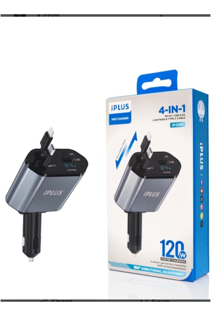 IPLUS iP-C401 Advanced 120W Fast Charging Car Adapter with PD 3A, USB 2.4A, Voltage Display, and 180° Adjustable Design - Image 2