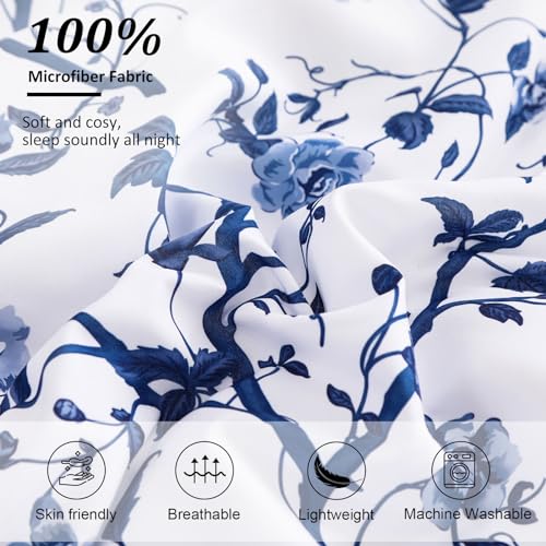 Dobuyly Floral Queen Comforter Set, 7 Piece Bed in a Bag Queen Size Blue Flowers on White Botanical Bedding Set, Soft Microfiber Bedding Comforter Sets with Sheets for All Season - Image 5