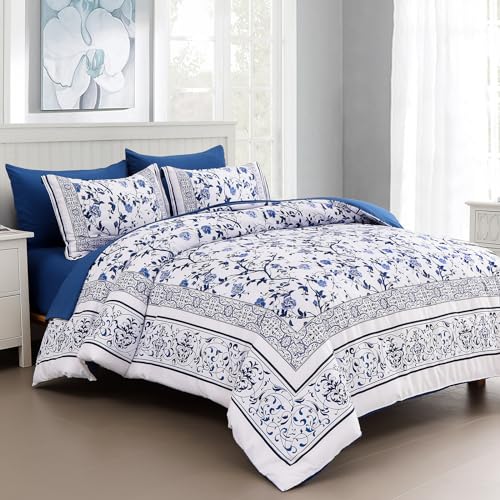 Dobuyly Floral Queen Comforter Set, 7 Piece Bed in a Bag Queen Size Blue Flowers on White Botanical Bedding Set, Soft Microfiber Bedding Comforter Sets with Sheets for All Season - Image 1