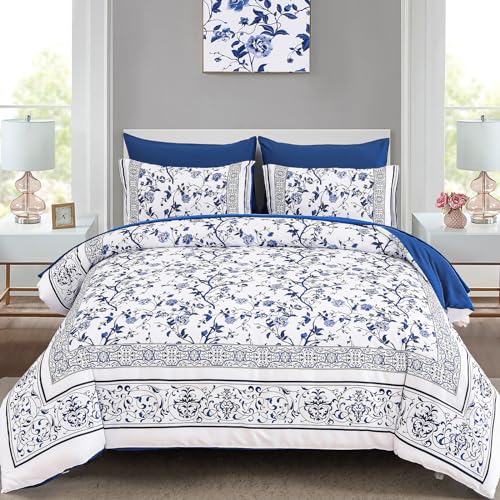 Dobuyly Floral Queen Comforter Set, 7 Piece Bed in a Bag Queen Size Blue Flowers on White Botanical Bedding Set, Soft Microfiber Bedding Comforter Sets with Sheets for All Season - Image 2