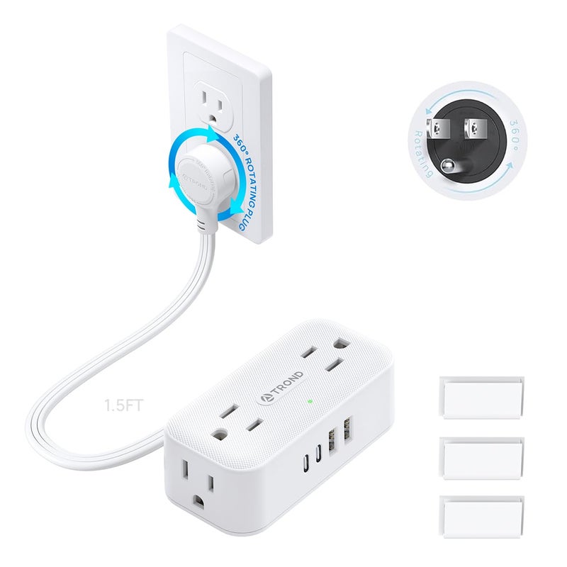 TROND 360 Rotating Flat Plug Short Extension Cord 15FT Low Profile Power Strip Mountable 4 AC 4 USB 900J 13A1625W Compact for Tight Spaces Hard Reach Outlet in Bedroom Home Office Dorm White - Image 2