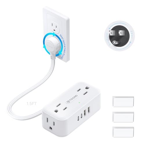 TROND 360 Rotating Flat Plug Short Extension Cord 15FT Low Profile Power Strip Mountable 4 AC 4 USB 900J 13A1625W Compact for Tight Spaces Hard Reach Outlet in Bedroom Home Office Dorm White - Image 1