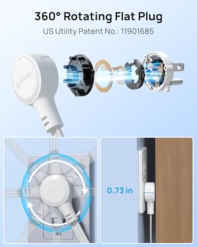TROND 360 Rotating Flat Plug Short Extension Cord 15FT Low Profile Power Strip Mountable 4 AC 4 USB 900J 13A1625W Compact for Tight Spaces Hard Reach Outlet in Bedroom Home Office Dorm White - Image 3