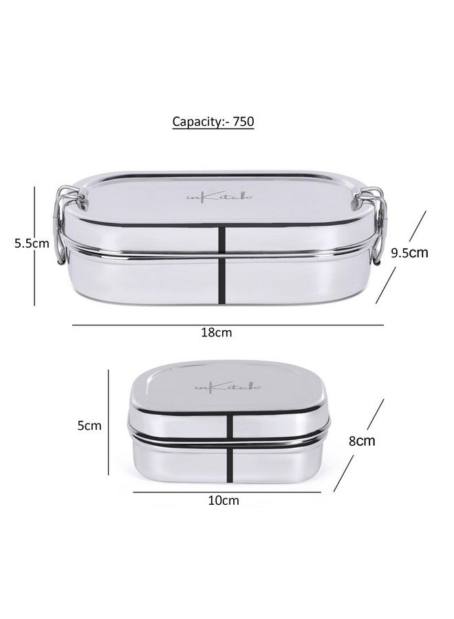 inKitch Stainless Steel Tiffin Box for Kids | Stainless Steel Lunch Box for Kids & Office | Rectangle Lunch Box/Tiffin with Inner Box and Locking Clip, 750ML, Silver - Image 3