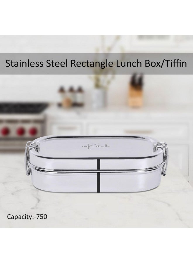 inKitch Stainless Steel Tiffin Box for Kids | Stainless Steel Lunch Box for Kids & Office | Rectangle Lunch Box/Tiffin with Inner Box and Locking Clip, 750ML, Silver - Image 2
