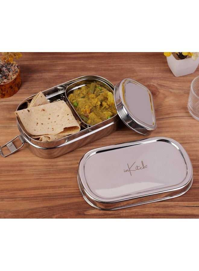 inKitch Stainless Steel Tiffin Box for Kids | Stainless Steel Lunch Box for Kids & Office | Rectangle Lunch Box/Tiffin with Inner Box and Locking Clip, 750ML, Silver - Image 1