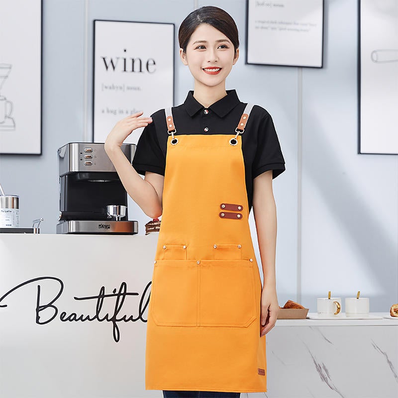 Yellow waterproof canvas apron custom logo printing catering special milk tea shop snack house supermarket work clothes women Cf-a11 canvas waterproof apron orange