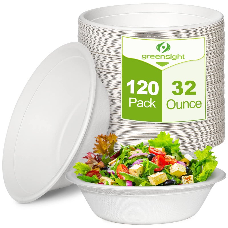 Greensight Large Compostable Paper Bowls  32 oz 120 Pack Heavy Duty Disposable for Hot Soup Salads Cereals