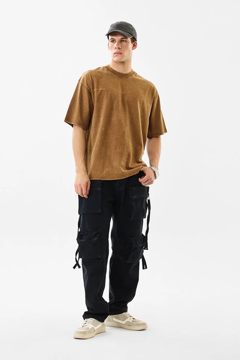 SNITCH Black Solid Loose Fit Streetwear Cargo