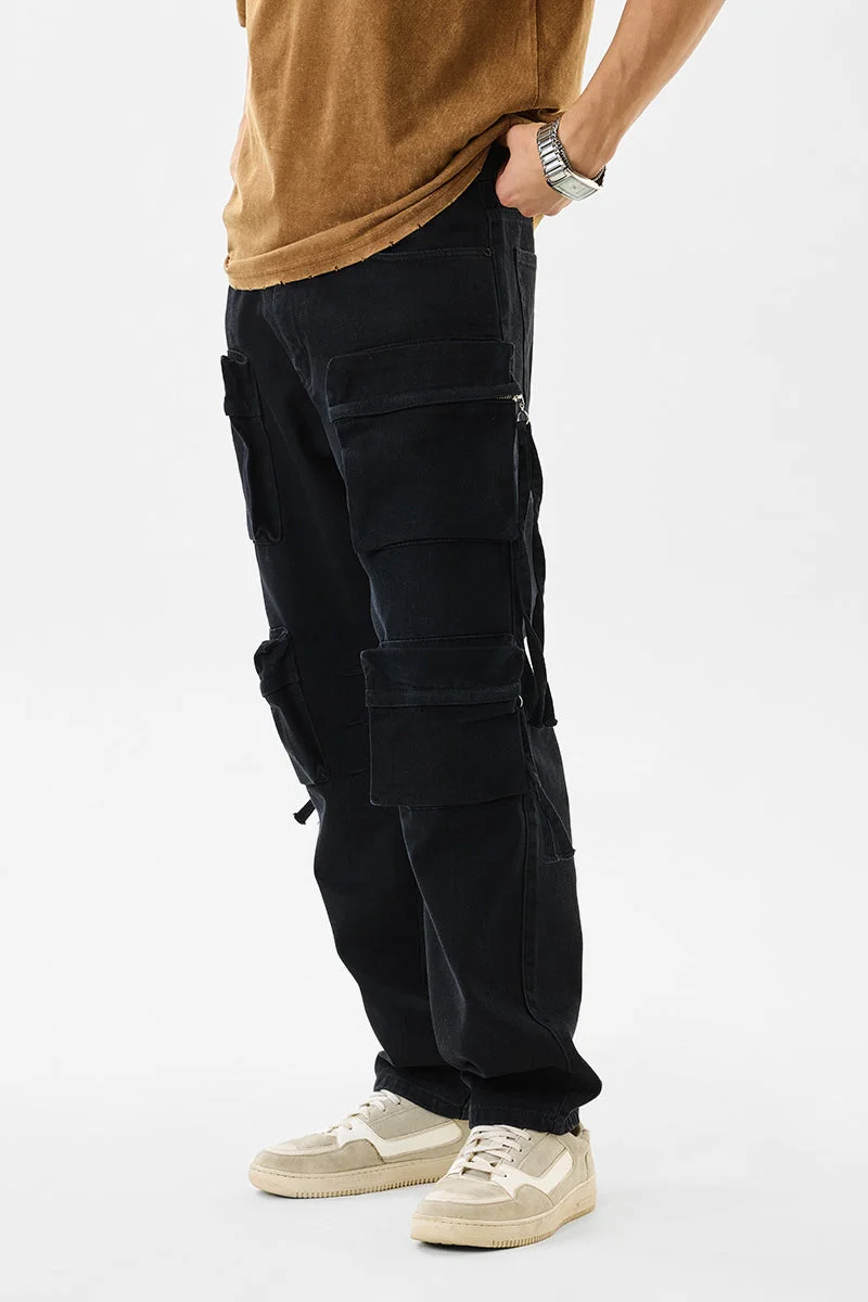 SNITCH Black Solid Loose Fit Streetwear Cargo
