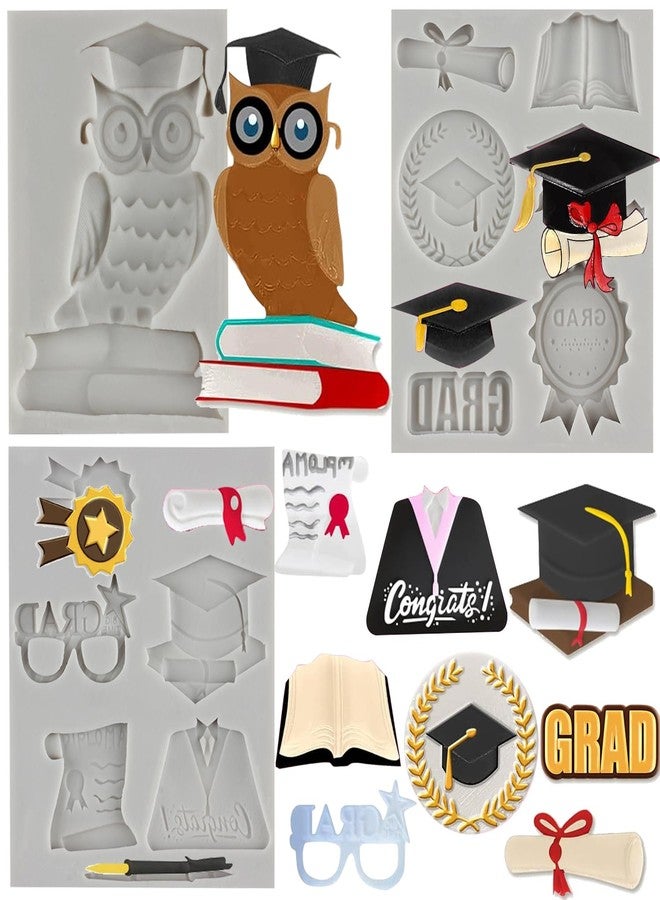 MINFEIDMS Graduation Fondant Molds Grad 3D Silicone Moulds Owl Bachelors Cap Scroll Molds Graduation Uniform Mold For Cake Decorating Cupcake Topper Candy Chocolate Gum Paste Polymer Clay - Image 1