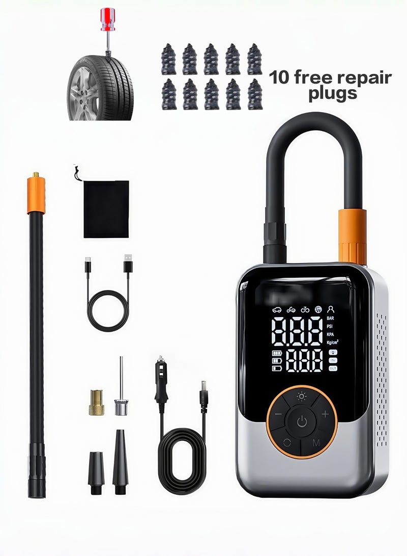 ضاغط هواء سيارة محمول جديد 2025 - مضخة نفخ إطارات كهربائية محمولة بقوة 150 PSI مع نفخ سريع وشاشة LCD مزدوجة [لاسلكي بطاقة قوية] - مناسب لنفخ إطارات السيارات والدراجات الهوائية والنارية والكرات. - Image 1