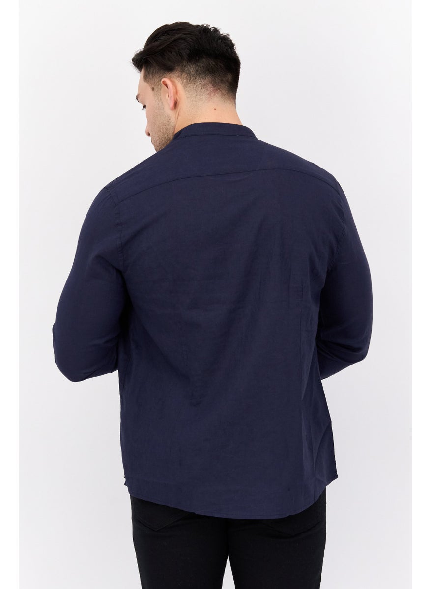 Gazzarrini Men Regular Fit Solid Long Sleeves Casual Shirt, Navy Blue  - Image 3