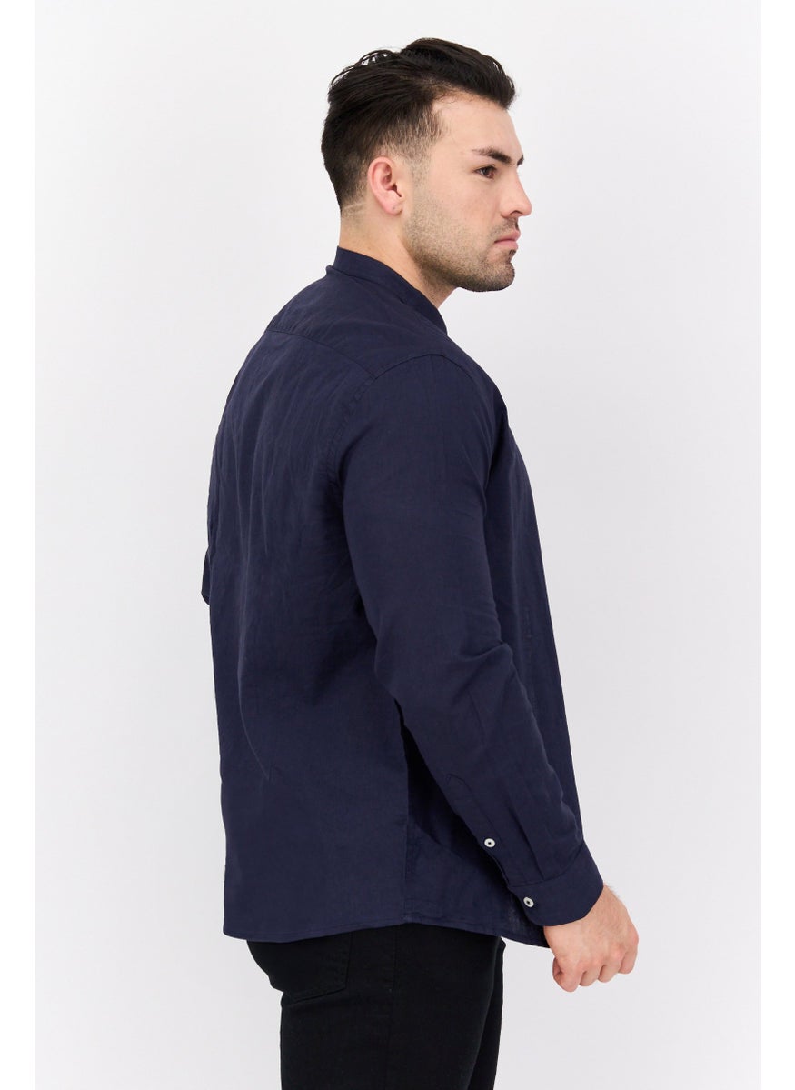 Gazzarrini Men Regular Fit Solid Long Sleeves Casual Shirt, Navy Blue  - Image 2