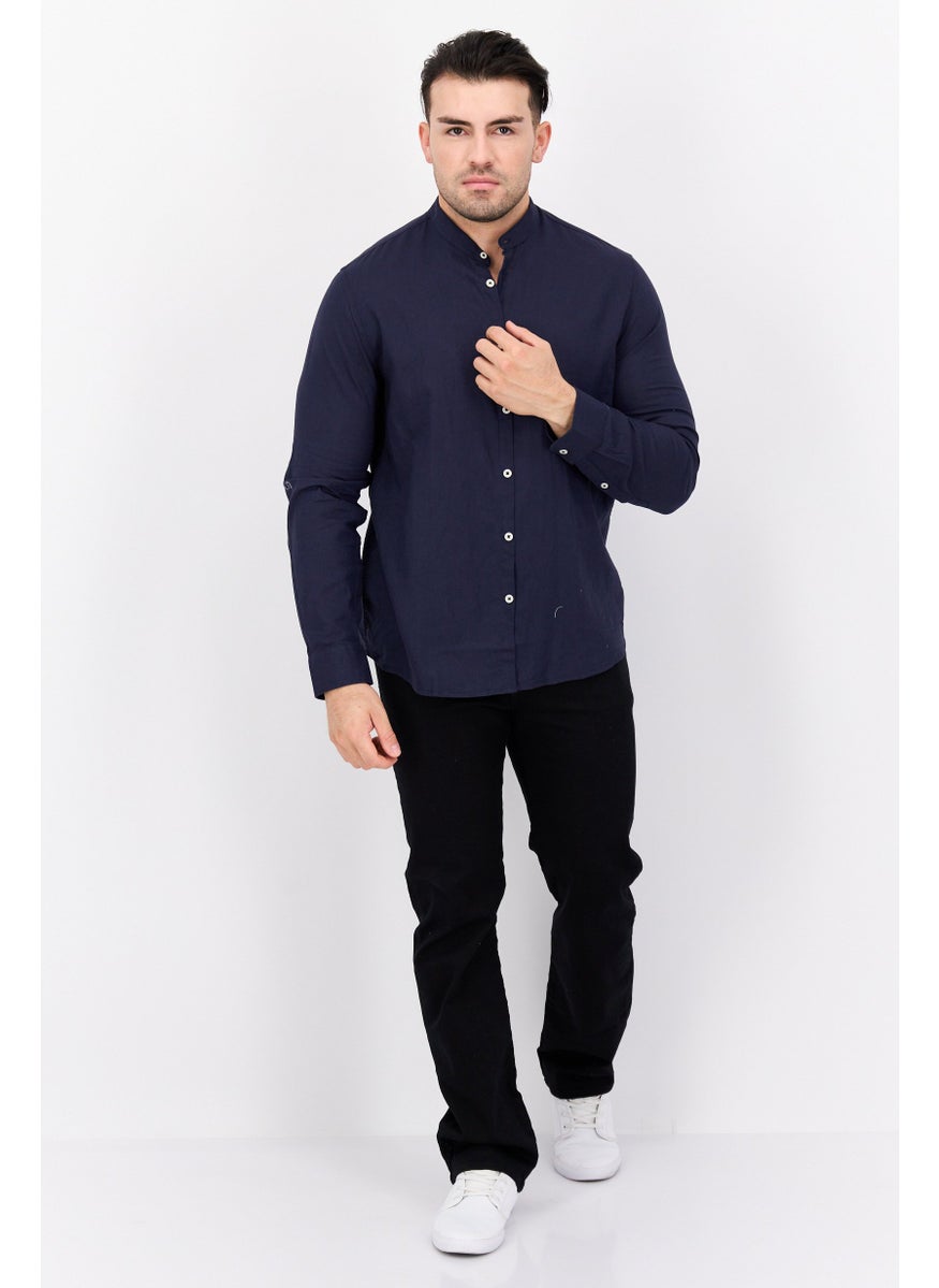 Gazzarrini Men Regular Fit Solid Long Sleeves Casual Shirt, Navy Blue  - Image 4
