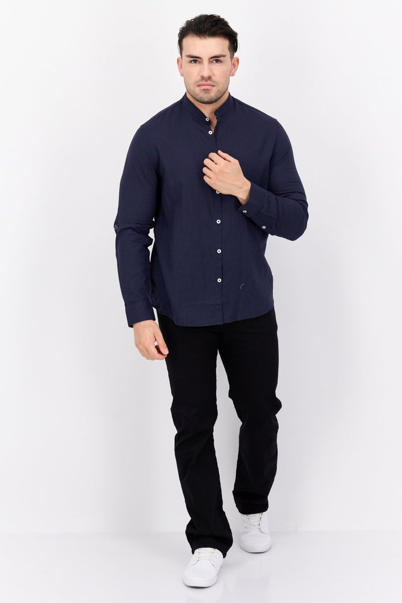 Gazzarrini Men Regular Fit Solid Long Sleeves Casual Shirt, Navy Blue - Image 4