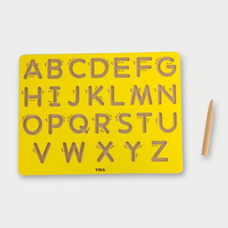 VIGA Wooden Uppercase Alphabet Tracing Board - Montessori Writing Toy with Engraved Grooves and Wooden Pen - Image 1