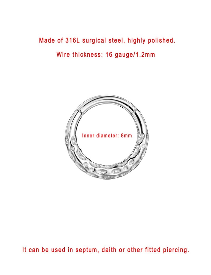 FANSING 316L Surgical Steel Hammered Piercing Rings for Septum Piercing for Womens Hinged Septum Jewelry 16g 8mm - Image 2