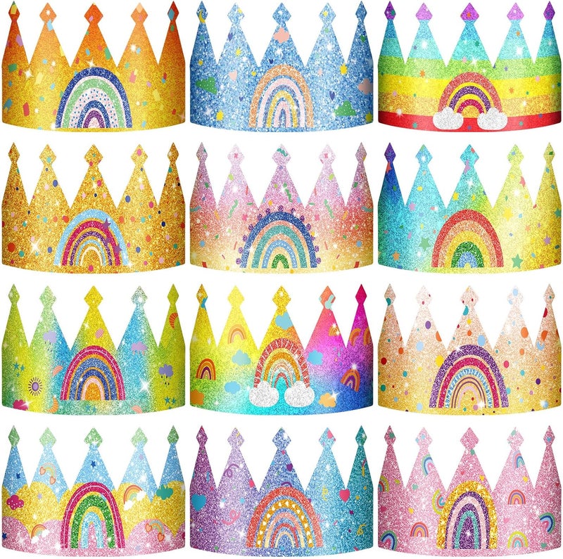Sinmoe 32 Pcs Rainbow Birthday Party Crown for Kids Birthday Party Hats Rainbow Glitter Decorations Paper Crowns Headband for Girls Birthday Rainbow Party Supplies Classroom Activities12 Styles - Image 1