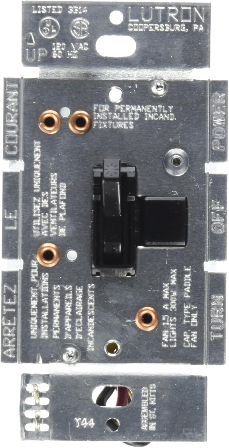 LUTRON Toggler Combination Fan and Light Control, 1.5 Amp, Single-Pole/3-Speed, AY2-LFSQ-BL, Black - Image 1