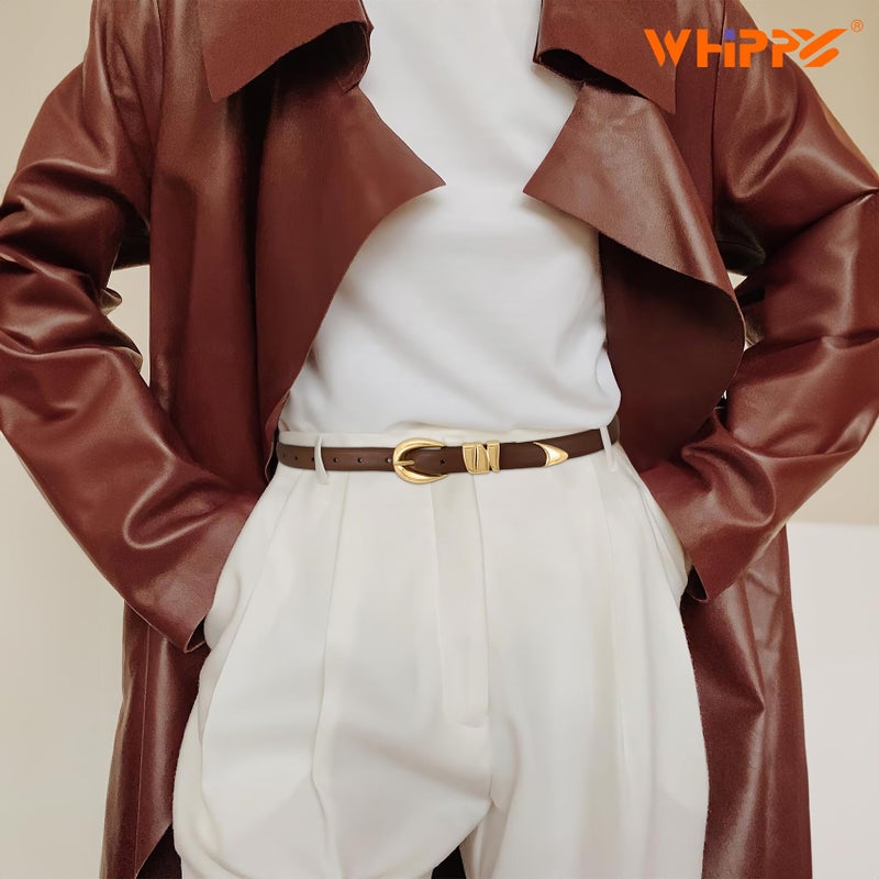 WHIPPY Women Skinny Leather Belt for Jeans Pants Dresses Ladies Fashion Waist Belt with Shiny Gold Buckle,Coffee Gold,S - Image 2