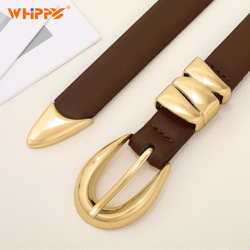 WHIPPY Women Skinny Leather Belt for Jeans Pants Dresses Ladies Fashion Waist Belt with Shiny Gold Buckle,Coffee Gold,S - Image 3