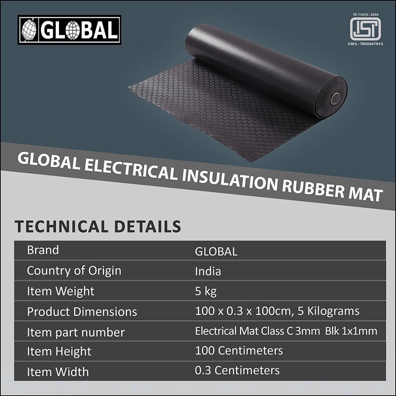 GLOBAL PREMIUM Electrical Insulation Rubber Mat 33KV Class C 1 Mtr x 2 Mtr 3mm Thickness Black Color 1 Pc Insulating Rubber Mat Anti Skid Shock Proof ISI Certified - Image 5