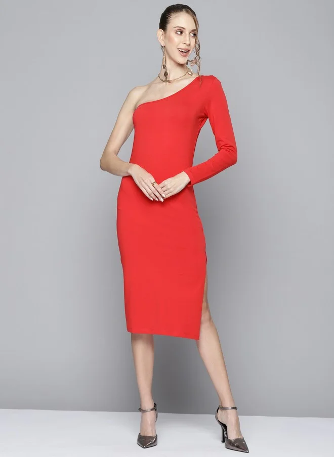 ساسافراس Red One Shoulder Sheath Midi Dress for Women