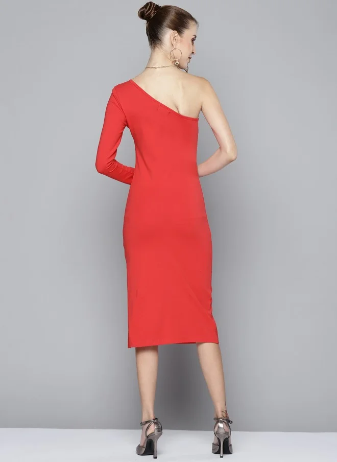 ساسافراس Red One Shoulder Sheath Midi Dress for Women