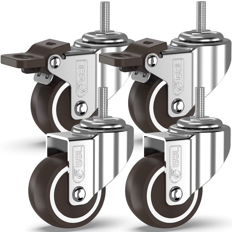 GBL 2 Heavy Duty Caster Wheels with 2 Brakes Bolts up to 440Lbs Set of 4 No Floor Marks Silent Castor for Furniture Rubbered Trolley or Pallet Swivel Wheels