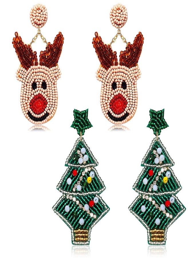 PHALIN Holiday Earrings Christmas Beaded Earrings for Women Reindeer Christmas Tree Earrings Snowflake Dangle Earrings Set (Style D) - Image 1