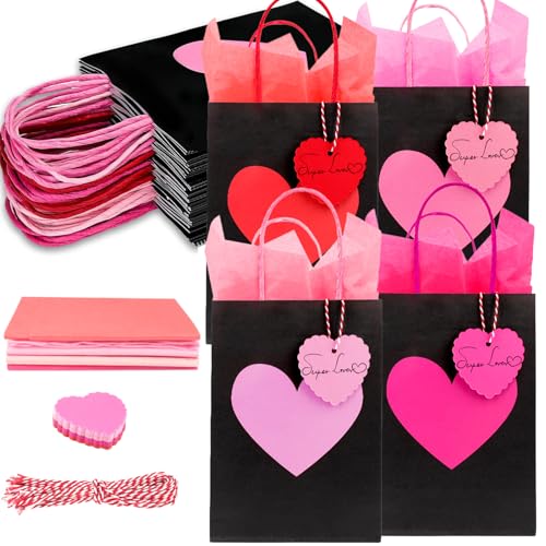 Fangoo 24Pcs Red Pink Heart Valentine Paper Gift Bags with Handles Heart Tags Tissue Paper for Kids Classroom Small Valentine Goodie Bags Wedding Birthday Party Favor Bags - Image 1