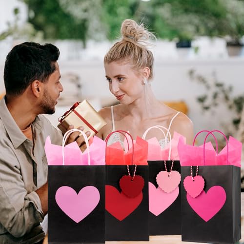 Fangoo 24Pcs Red Pink Heart Valentine Paper Gift Bags with Handles Heart Tags Tissue Paper for Kids Classroom Small Valentine Goodie Bags Wedding Birthday Party Favor Bags - Image 4