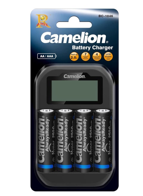 شاحن بطاريات Camelion BC-1046 مع 4 بطاريات AA بسعة 2100mAh، شاشة LCD وشحن سريع