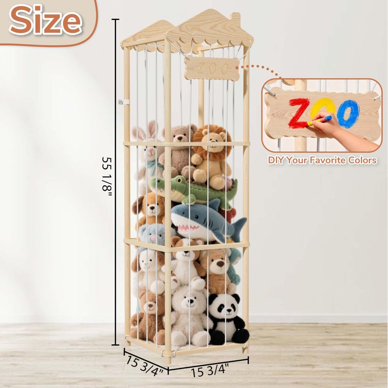 AMBIRD Stuffed Animal Storage, Wood Stuffed Animal Zoo Holder, Large Kids Toy Organizers, Plushies Storage for Boys Girls Bedroom, Playroom, Nursery (15.75 x 15.75 x 55 inch) - Image 3