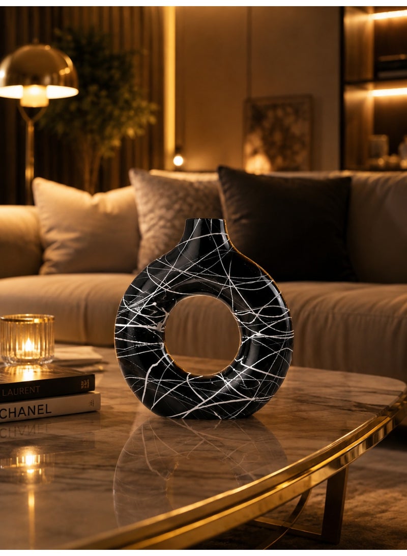 Modern Handmade "Donut" Vase - Solid Marble Decorated with White Lines, Fade-Resistant Colors, Luxury Home & Office Decor Piece - Image 3
