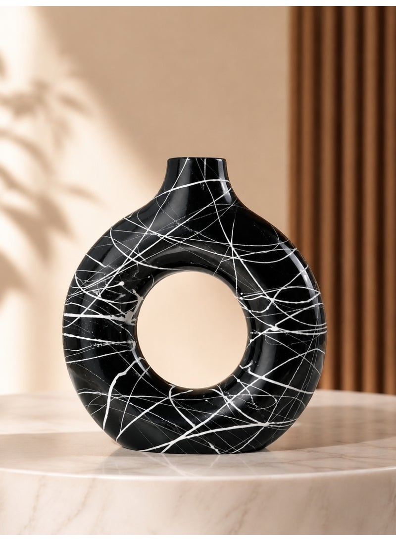 Modern Handmade "Donut" Vase - Solid Marble Decorated with White Lines, Fade-Resistant Colors, Luxury Home & Office Decor Piece - Image 4