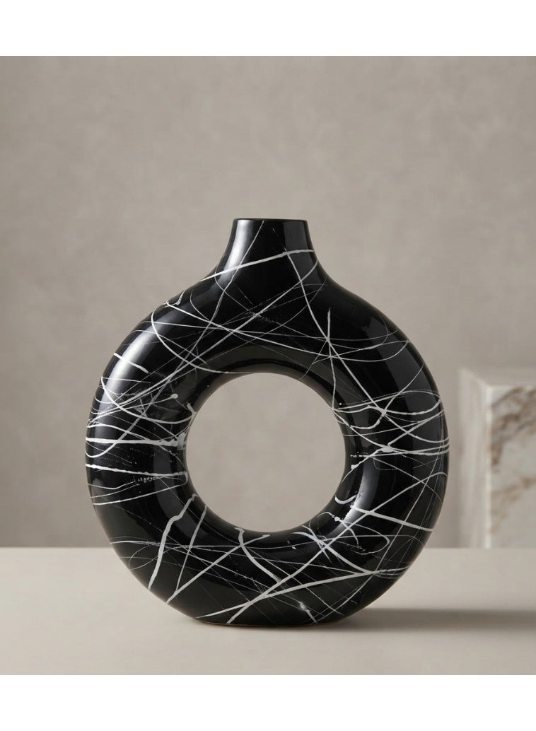 Modern Handmade "Donut" Vase - Solid Marble Decorated with White Lines, Fade-Resistant Colors, Luxury Home & Office Decor Piece - Image 5