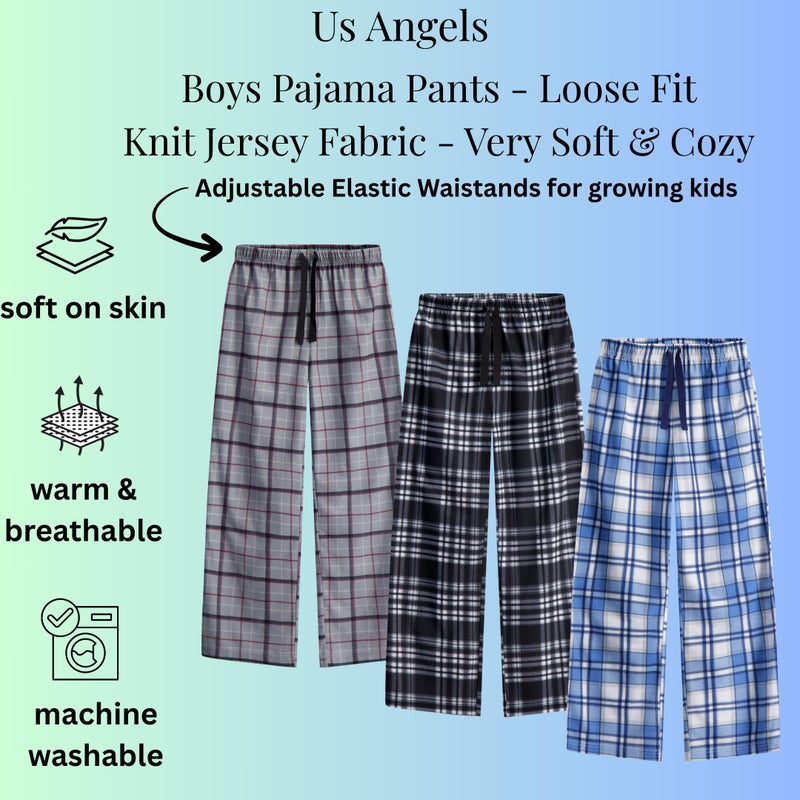 US Angels Boys Pajama Pants - 3 Pack, Boys' Sleepwear, Breathable and Soft PJ Pants, Pajama Bottoms for Teens, Youths, and Kids - Size 7 8 10-12 14-16 - Image 2