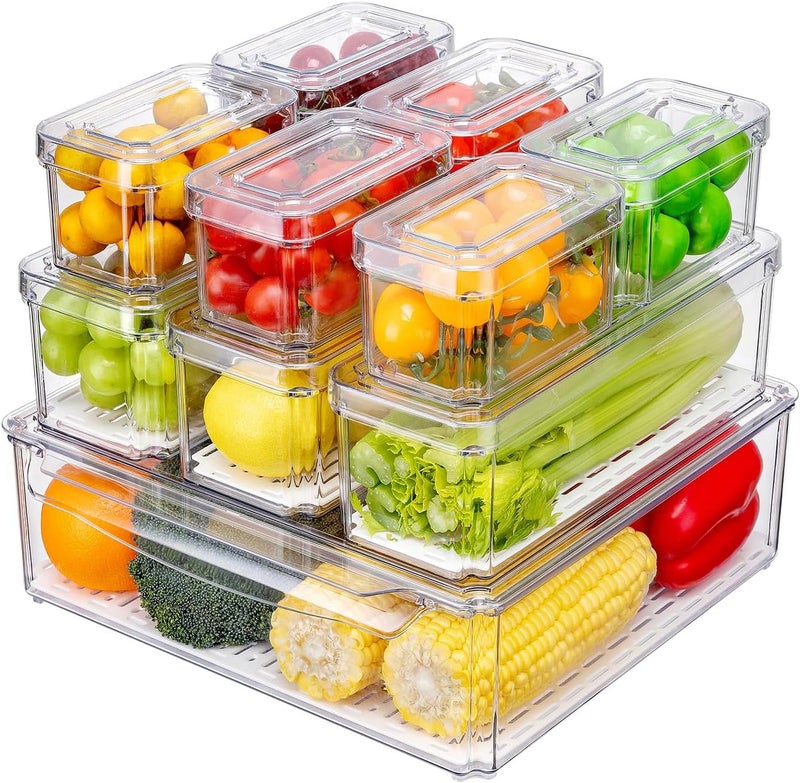 10 عبوات حاويات تخزين طعام شفافة مع منظم ثلاجة قابل للإزالة بغطاء قابل للتكديس للفواكه والخضروات